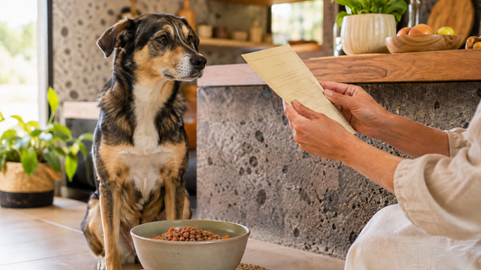 Persona revisando los ingredientes de comida natural para un perro en Canarias