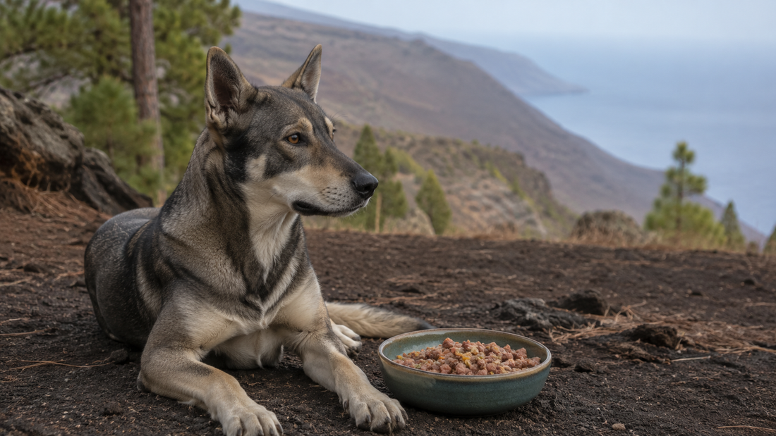 Lobito Herreño junto a un cuenco de alimentación natural en un paisaje de El Hierro