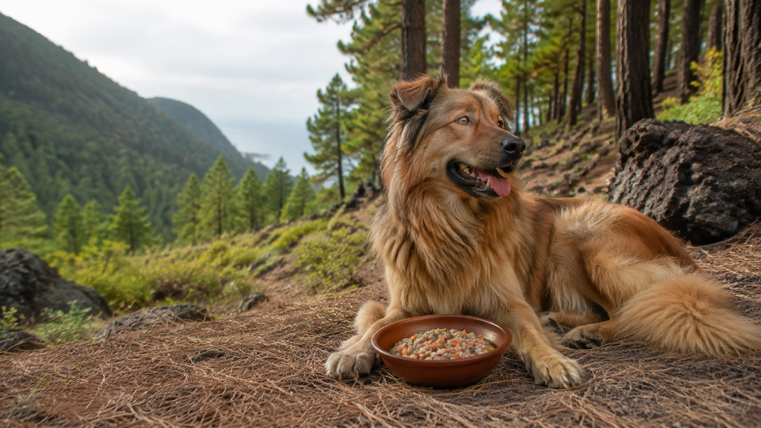 Pastor Garafiano junto a un cuenco de alimentación natural en un pinar de La Palma
