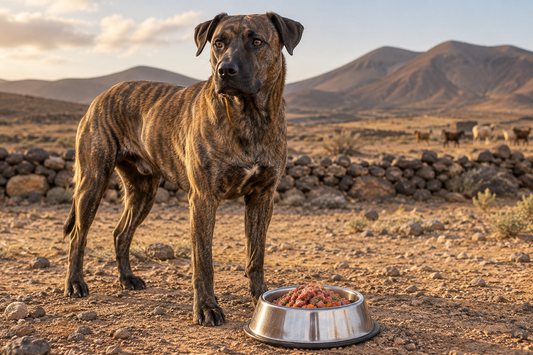Perro Majorero junto a un cuenco de alimentación natural en un paisaje de Fuerteventura