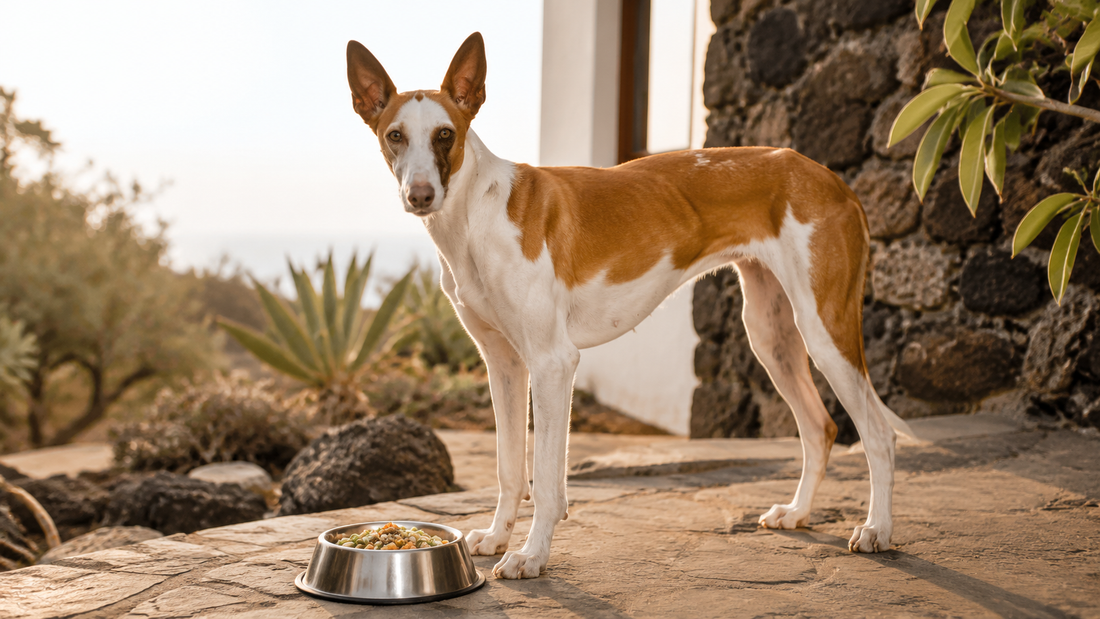 Podenco canario junto a un cuenco de alimentación natural en una terraza de las islas