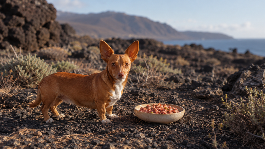 Podenco Enano de El Hierro junto a un cuenco de comida natural en un paisaje volcánico canario