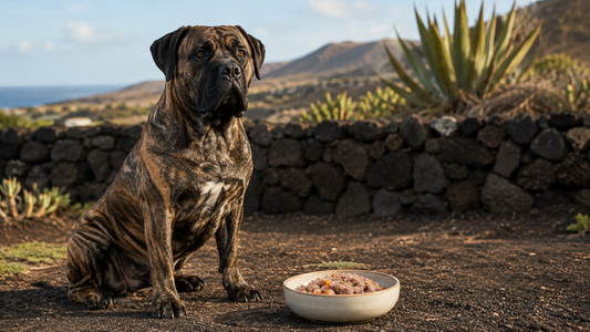 Presa Canario junto a un cuenco de comida natural en un paisaje volcánico de Canarias
