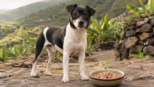 Ratonero Palmero con un cuenco de comida natural en un paisaje rural de La Palma