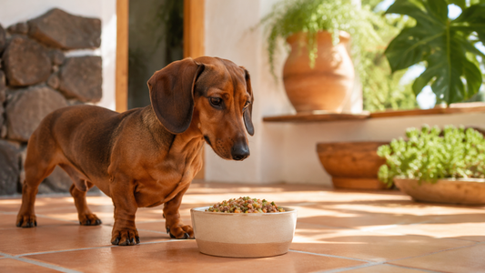 Teckel junto a un cuenco de alimentación natural para perros en Canarias