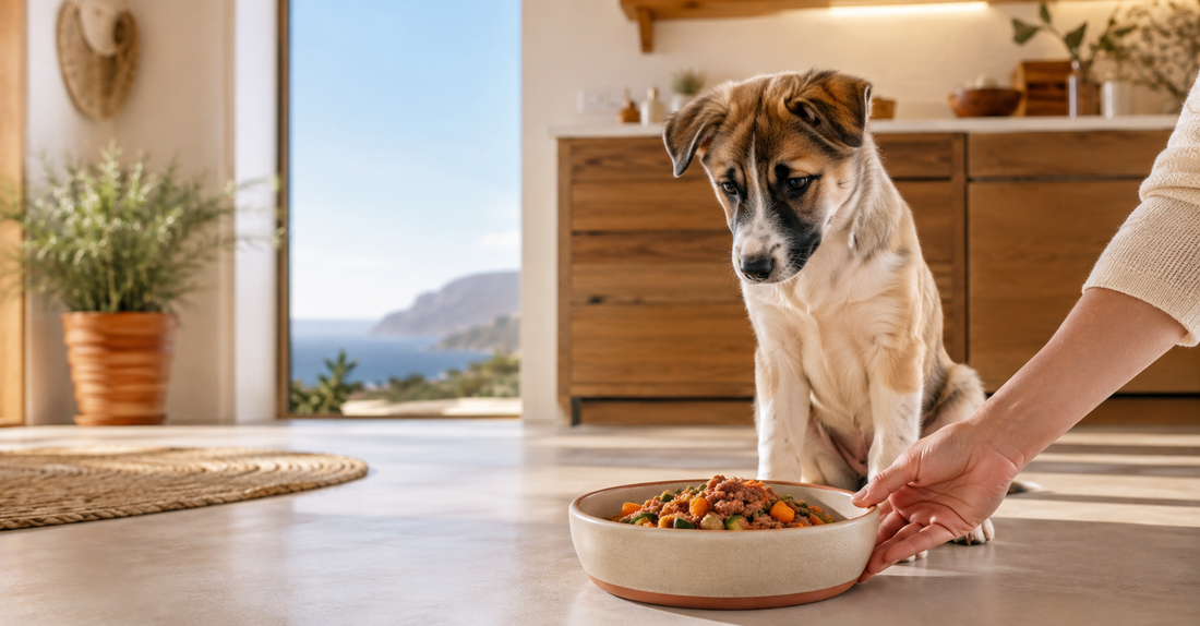 Cachorro esperando un cuenco de alimento natural completo de Real Bite en Canarias