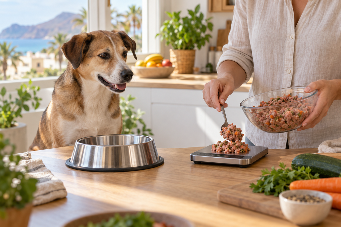 Persona pesando comida natural para ajustar la ración de un perro esterilizado