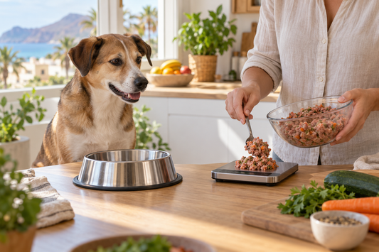 Persona pesando comida natural para ajustar la ración de un perro esterilizado