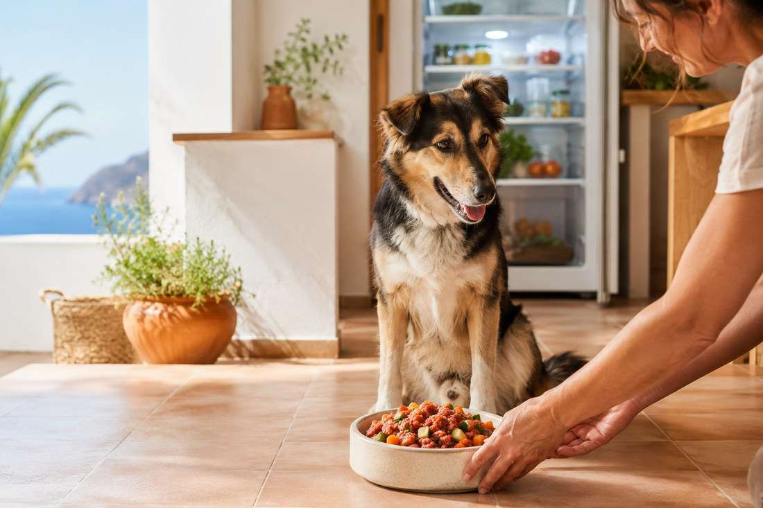 Perro esperando su comida fresca mientras se conserva la dieta BARF de Real Bite en verano en Canarias