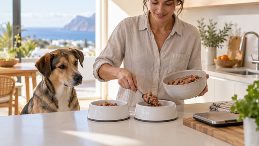 Persona dividiendo la ración diaria de comida natural de un perro en dos tomas