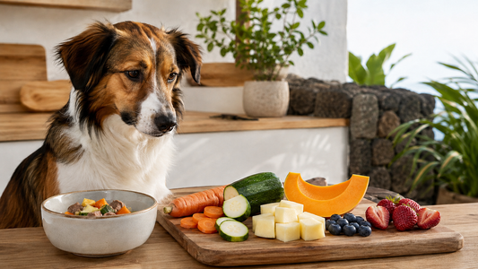 Perro junto a frutas y verduras seguras usadas en comida natural en Canarias