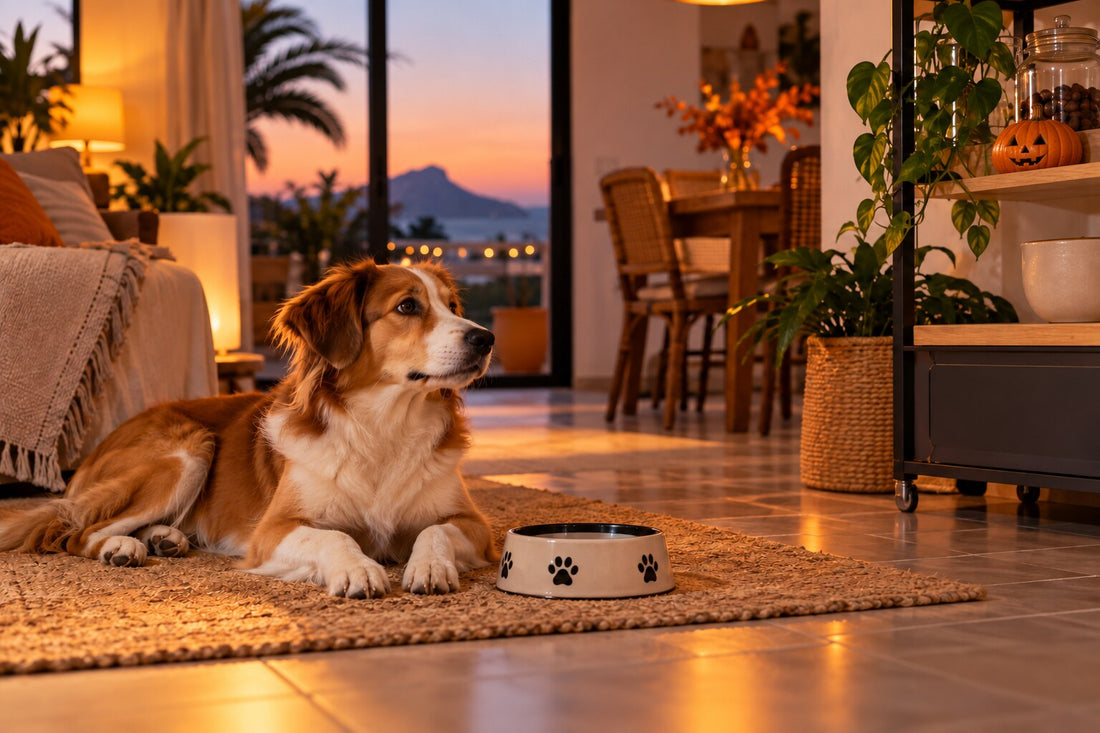Perro tranquilo en un hogar de Canarias preparado de forma segura para Halloween