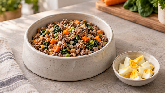Huevo cocido servido como complemento junto a comida natural para perros