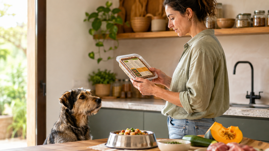 Persona leyendo la etiqueta de comida natural para perros en Canarias