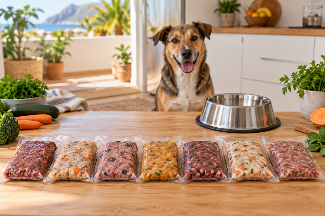 Siete raciones de comida natural organizadas para el menú semanal de un perro