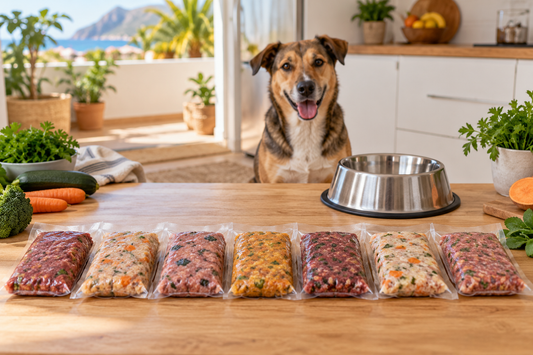 Siete raciones de comida natural organizadas para el menú semanal de un perro