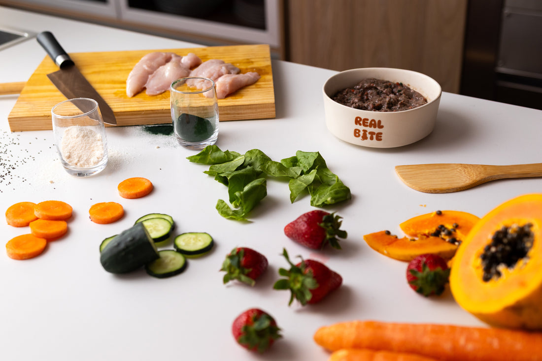 Ingredientes de comida natural y cuenco Real Bite preparados en una cocina